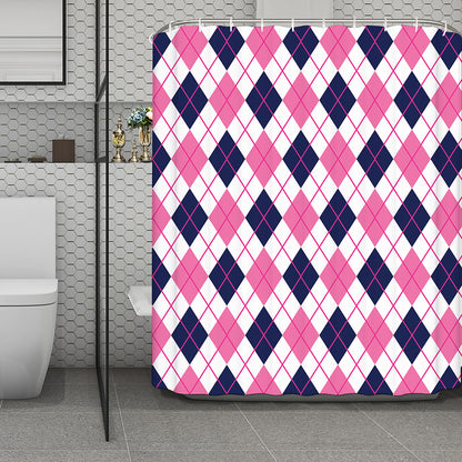 White Pink And Blue Argyle Pattern Print Polyester Shower Curtain