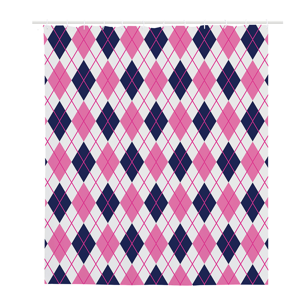 White Pink And Blue Argyle Pattern Print Polyester Shower Curtain