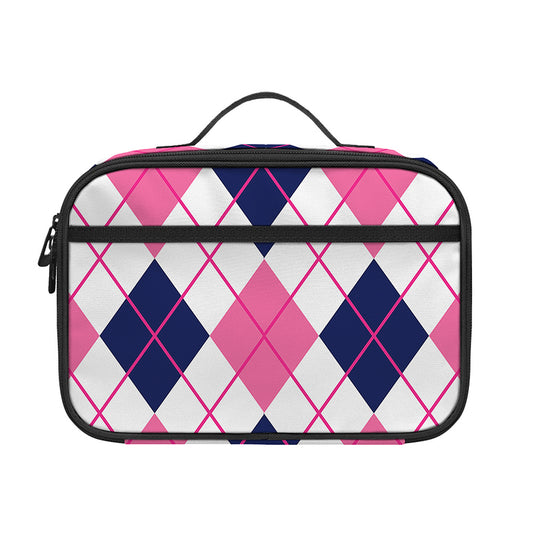 White Pink And Blue Argyle Pattern Print Portable Lunch Bag