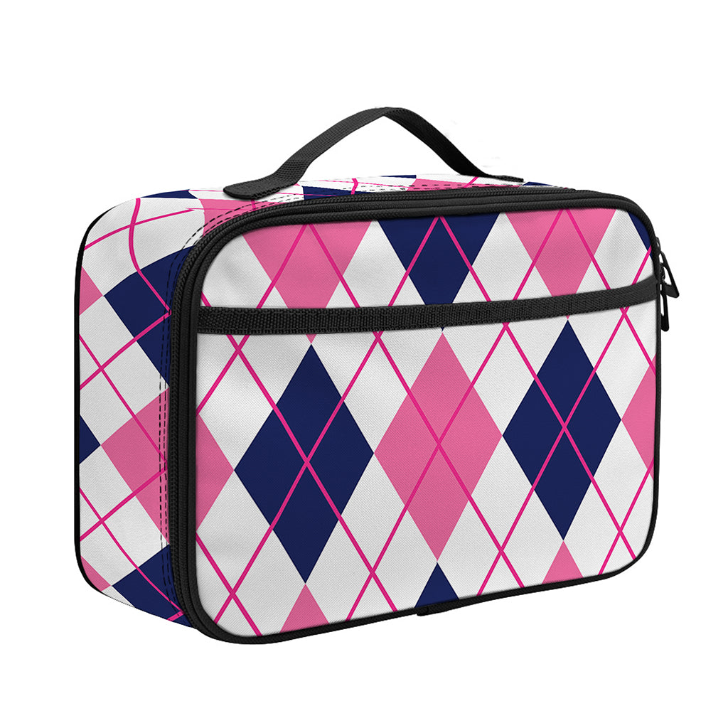 White Pink And Blue Argyle Pattern Print Portable Lunch Bag