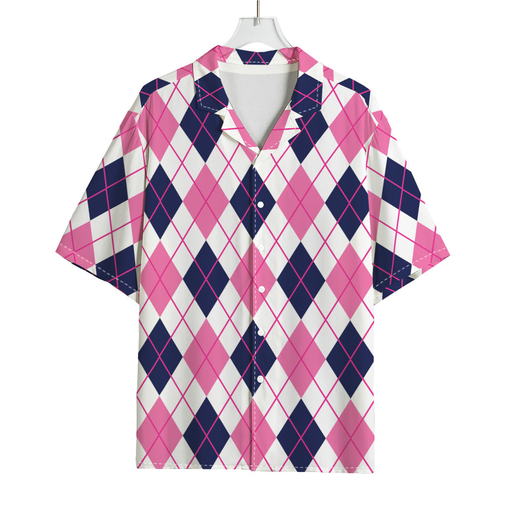 White Pink And Blue Argyle Pattern Print Rayon Hawaiian Shirt