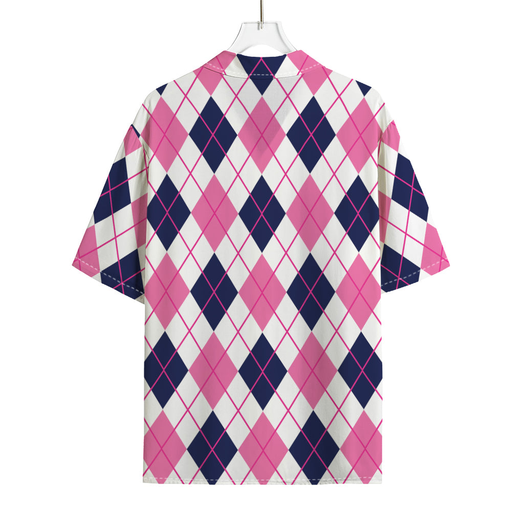 White Pink And Blue Argyle Pattern Print Rayon Hawaiian Shirt