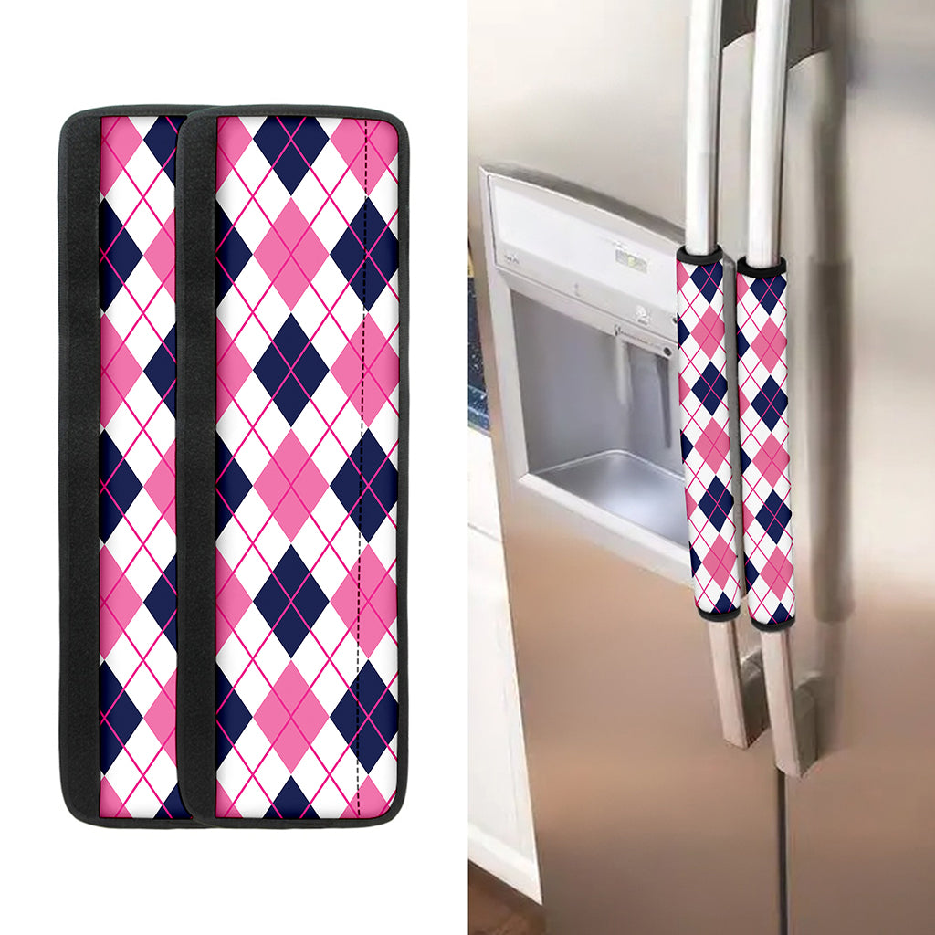 White Pink And Blue Argyle Pattern Print Refrigerator Handle Covers