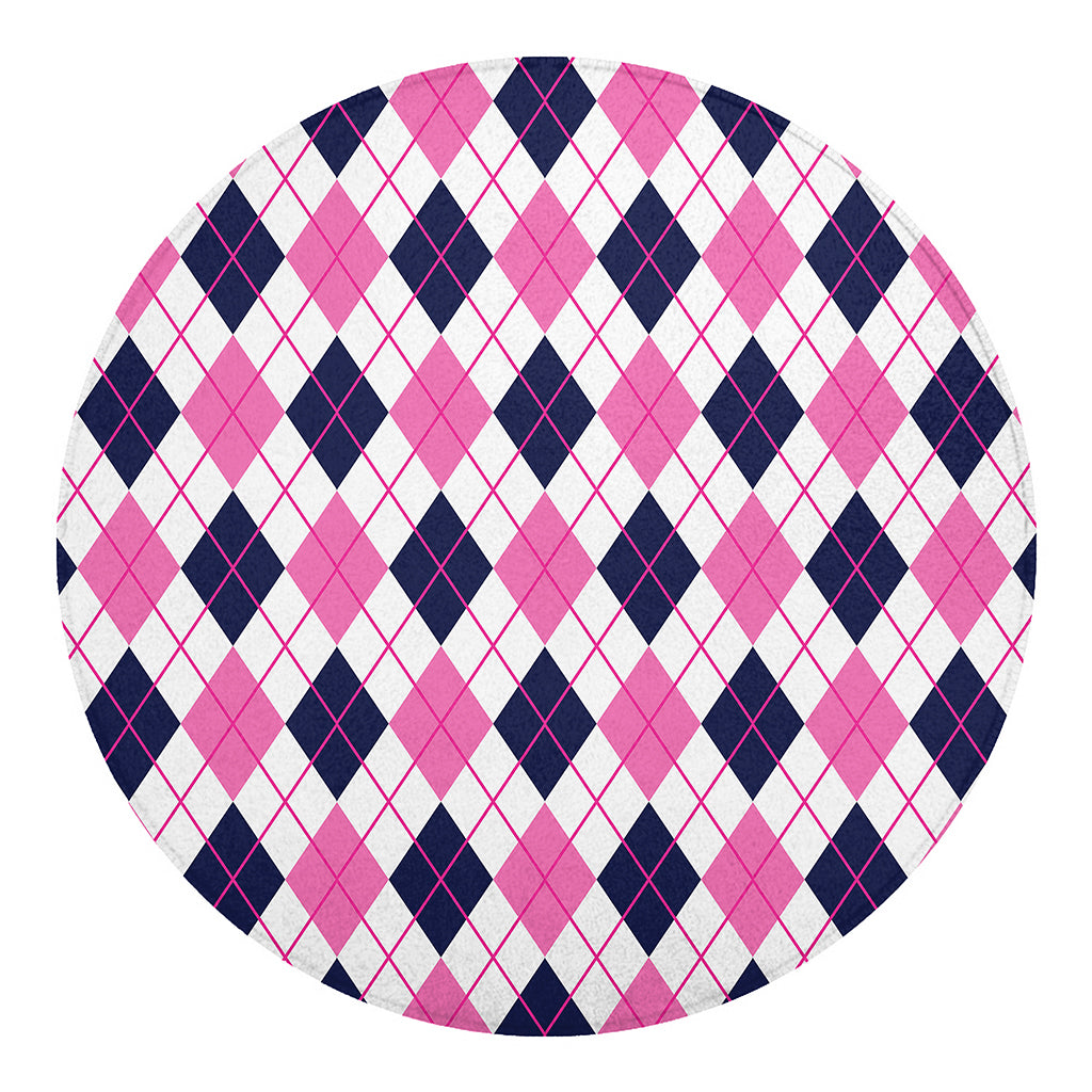 White Pink And Blue Argyle Pattern Print Round Blanket