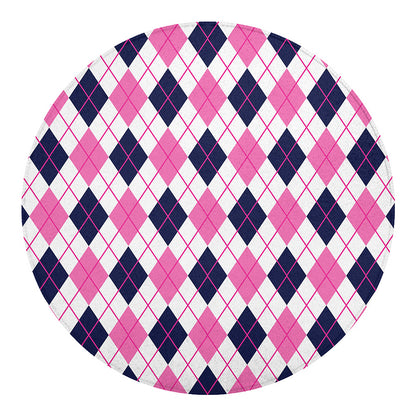 White Pink And Blue Argyle Pattern Print Round Blanket