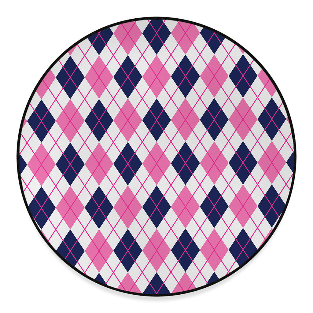 White Pink And Blue Argyle Pattern Print Round Floor Mat
