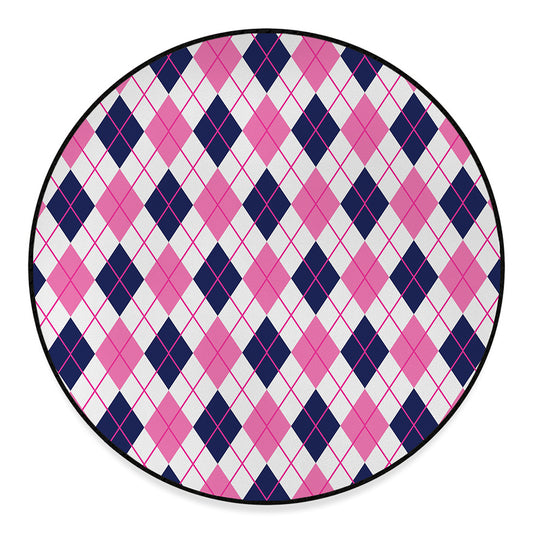 White Pink And Blue Argyle Pattern Print Round Floor Mat