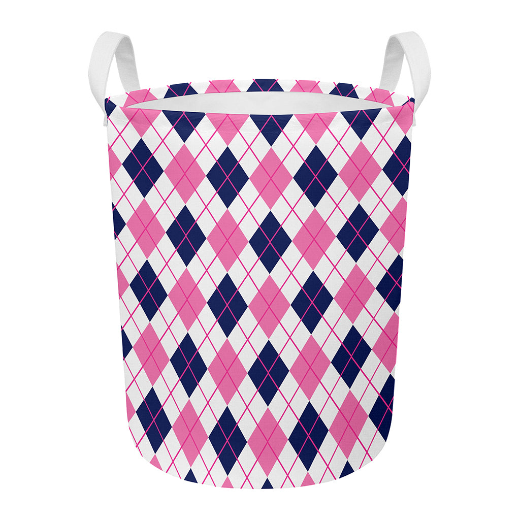 White Pink And Blue Argyle Pattern Print Round Laundry Basket