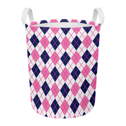 White Pink And Blue Argyle Pattern Print Round Laundry Basket