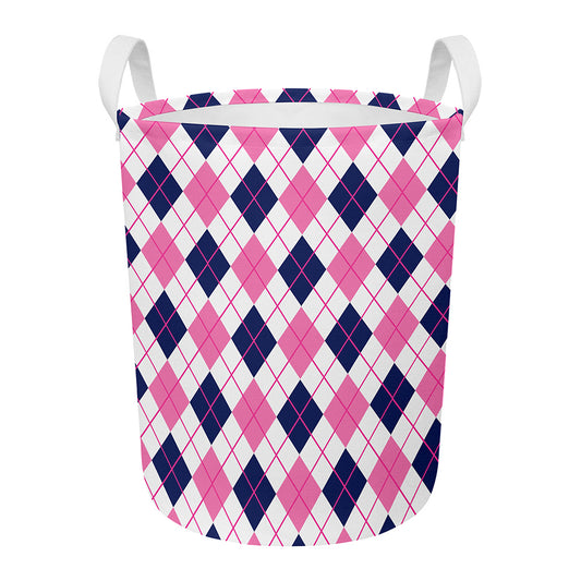White Pink And Blue Argyle Pattern Print Round Laundry Basket
