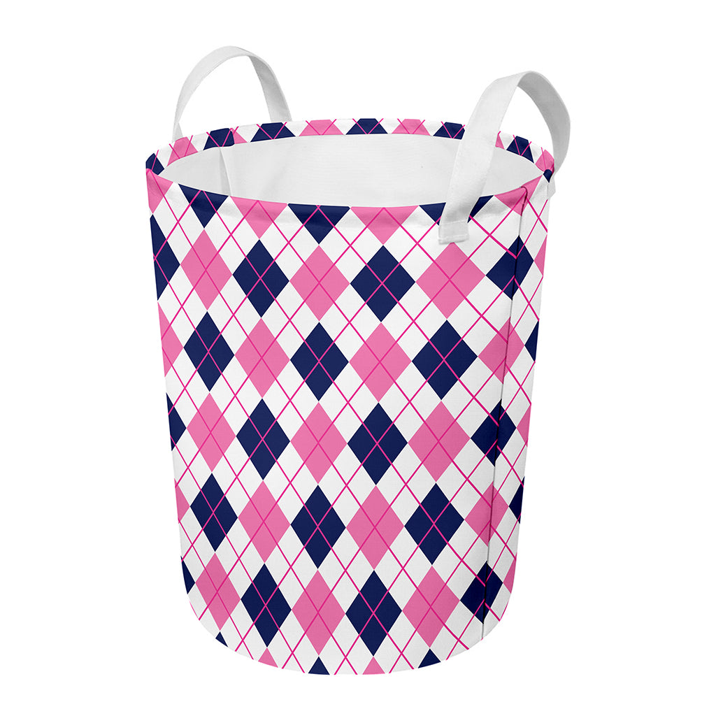 White Pink And Blue Argyle Pattern Print Round Laundry Basket