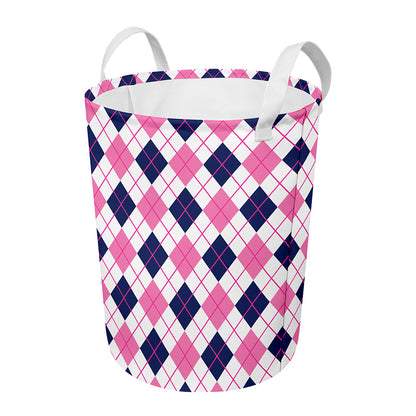White Pink And Blue Argyle Pattern Print Round Laundry Basket