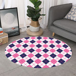 White Pink And Blue Argyle Pattern Print Round Rug