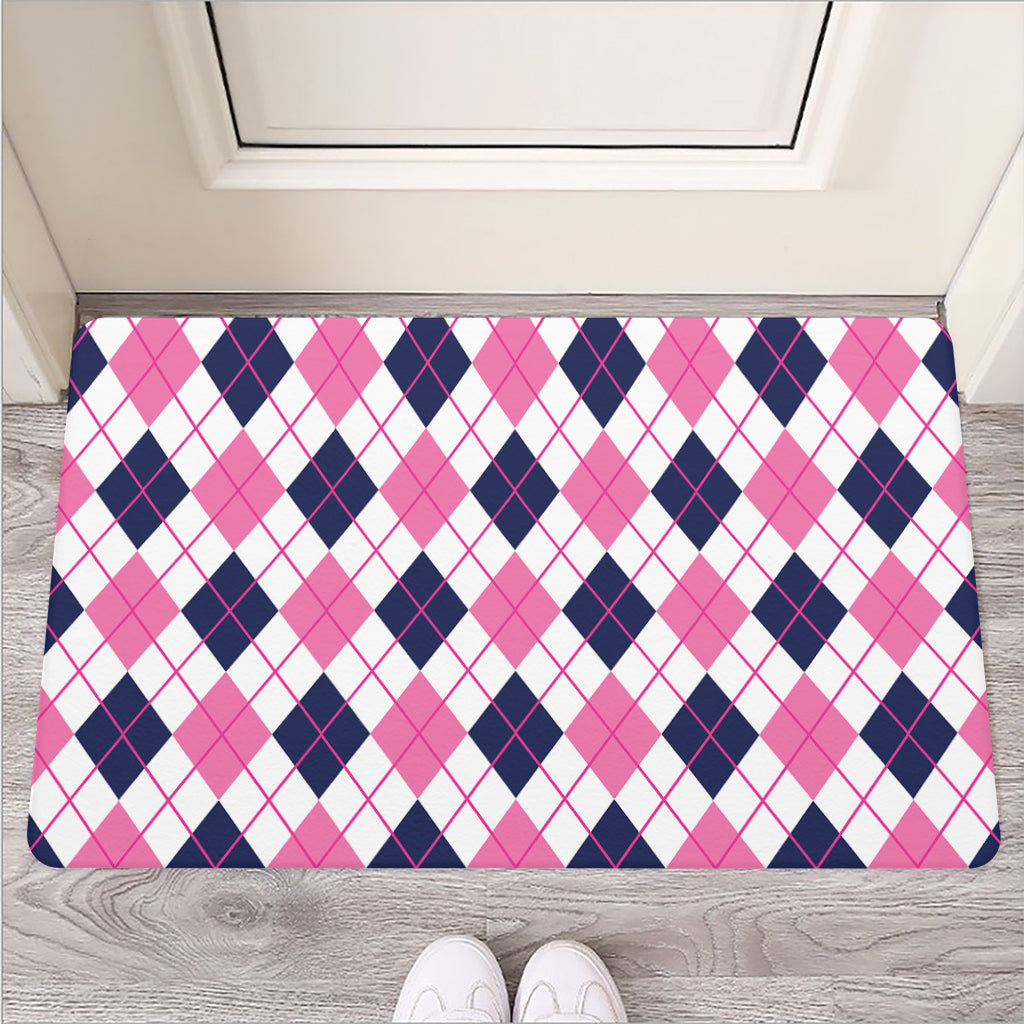 White Pink And Blue Argyle Pattern Print Rubber Doormat