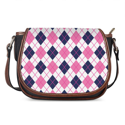 White Pink And Blue Argyle Pattern Print Saddle Bag
