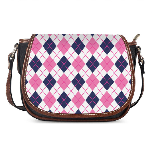 White Pink And Blue Argyle Pattern Print Saddle Bag