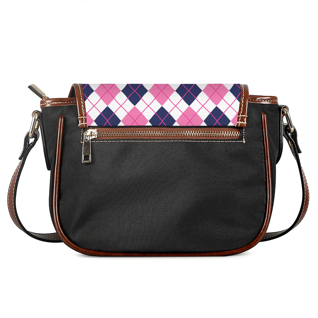 White Pink And Blue Argyle Pattern Print Saddle Bag