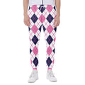 White Pink And Blue Argyle Pattern Print Joggers