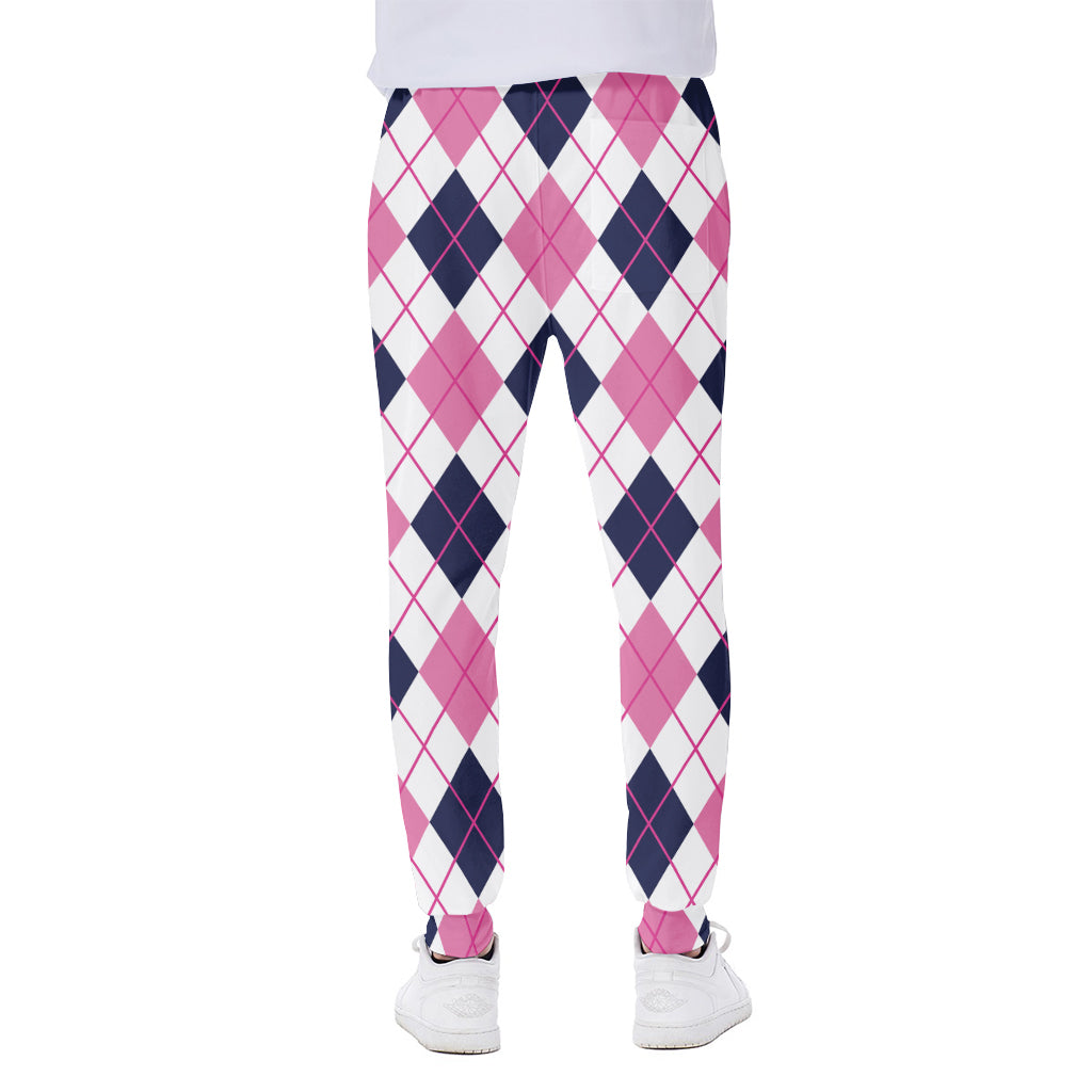 White Pink And Blue Argyle Pattern Print Scuba Joggers