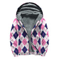 White Pink And Blue Argyle Pattern Print Sherpa Lined Zip Up Hoodie