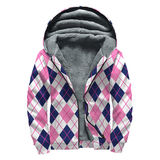 White Pink And Blue Argyle Pattern Print Sherpa Lined Zip Up Hoodie