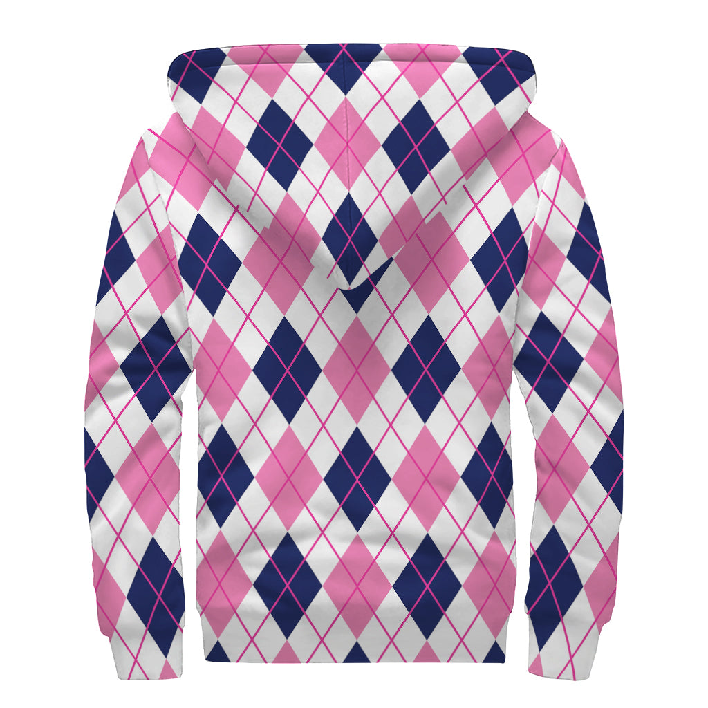 White Pink And Blue Argyle Pattern Print Sherpa Lined Zip Up Hoodie