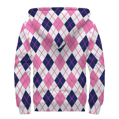 White Pink And Blue Argyle Pattern Print Sherpa Lined Zip Up Hoodie