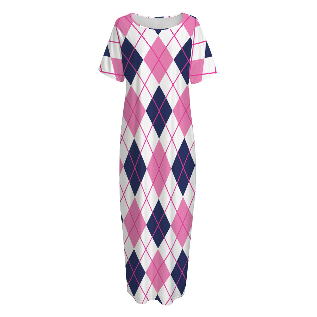 White Pink And Blue Argyle Pattern Print Short Sleeve Long Nightdress