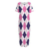 White Pink And Blue Argyle Pattern Print Short Sleeve Long Nightdress