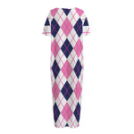 White Pink And Blue Argyle Pattern Print Short Sleeve Long Nightdress