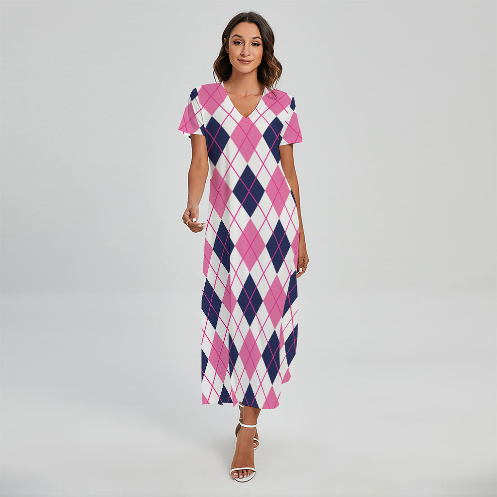 White Pink and Blue Argyle Pattern Print Short Sleeve Maxi Dress