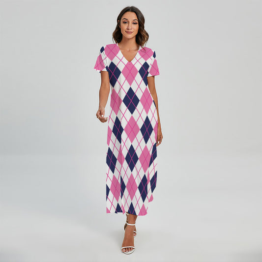 White Pink And Blue Argyle Pattern Print Short Sleeve Maxi Dress