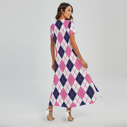 White Pink And Blue Argyle Pattern Print Short Sleeve Maxi Dress