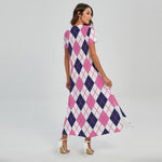 White Pink And Blue Argyle Pattern Print Short Sleeve Maxi Dress