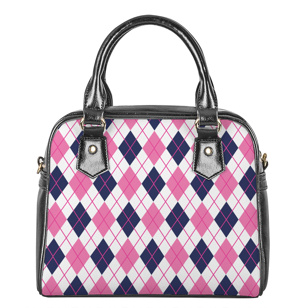 White Pink And Blue Argyle Pattern Print Shoulder Handbag
