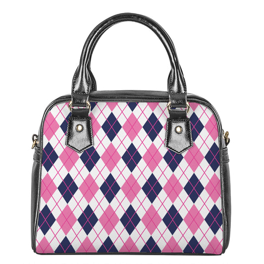 White Pink And Blue Argyle Pattern Print Shoulder Handbag