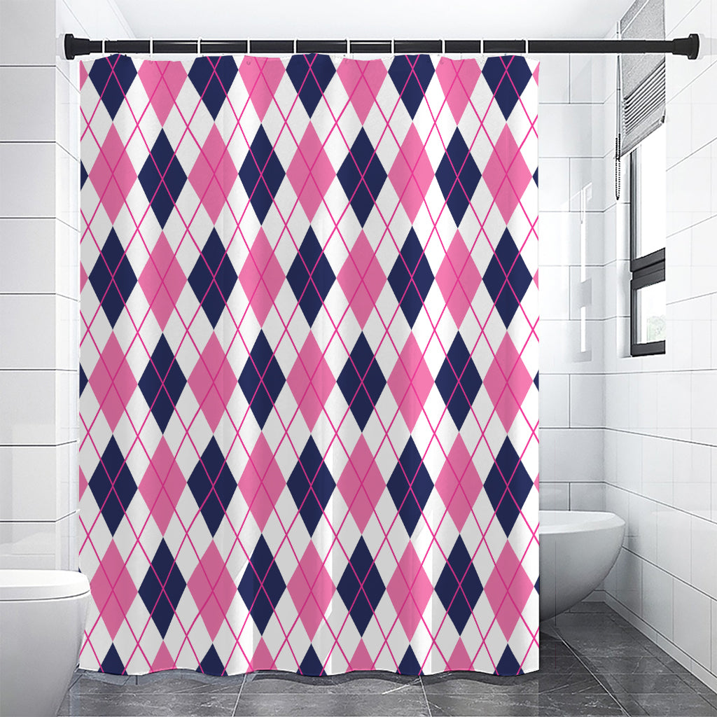 White Pink And Blue Argyle Pattern Print Shower Curtain