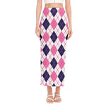 White Pink And Blue Argyle Pattern Print Side Slit Maxi Skirt
