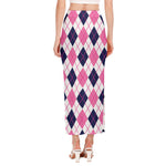 White Pink And Blue Argyle Pattern Print Side Slit Maxi Skirt