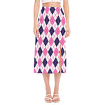 White Pink And Blue Argyle Pattern Print Side Slit Midi Skirt