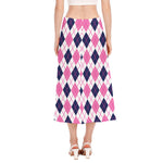 White Pink And Blue Argyle Pattern Print Side Slit Midi Skirt