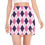 White Pink And Blue Argyle Pattern Print Side Slit Mini Skirt