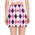White Pink And Blue Argyle Pattern Print Side Slit Mini Skirt