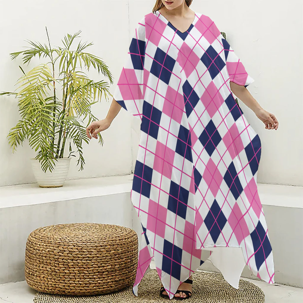 White Pink And Blue Argyle Pattern Print Silk V-Neck Kaftan Dress