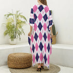 White Pink And Blue Argyle Pattern Print Silk V-Neck Kaftan Dress