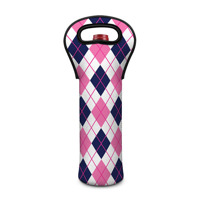White Pink And Blue Argyle Pattern Print Single Neoprene Wine Tote