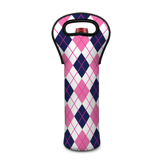 White Pink And Blue Argyle Pattern Print Single Neoprene Wine Tote