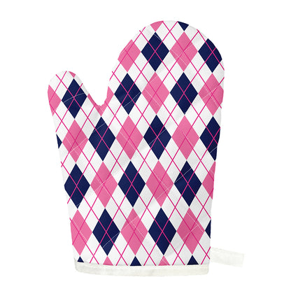 White Pink And Blue Argyle Pattern Print Single Oven Mitt