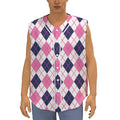 White Pink And Blue Argyle Pattern Print Sleeveless Baseball Jersey