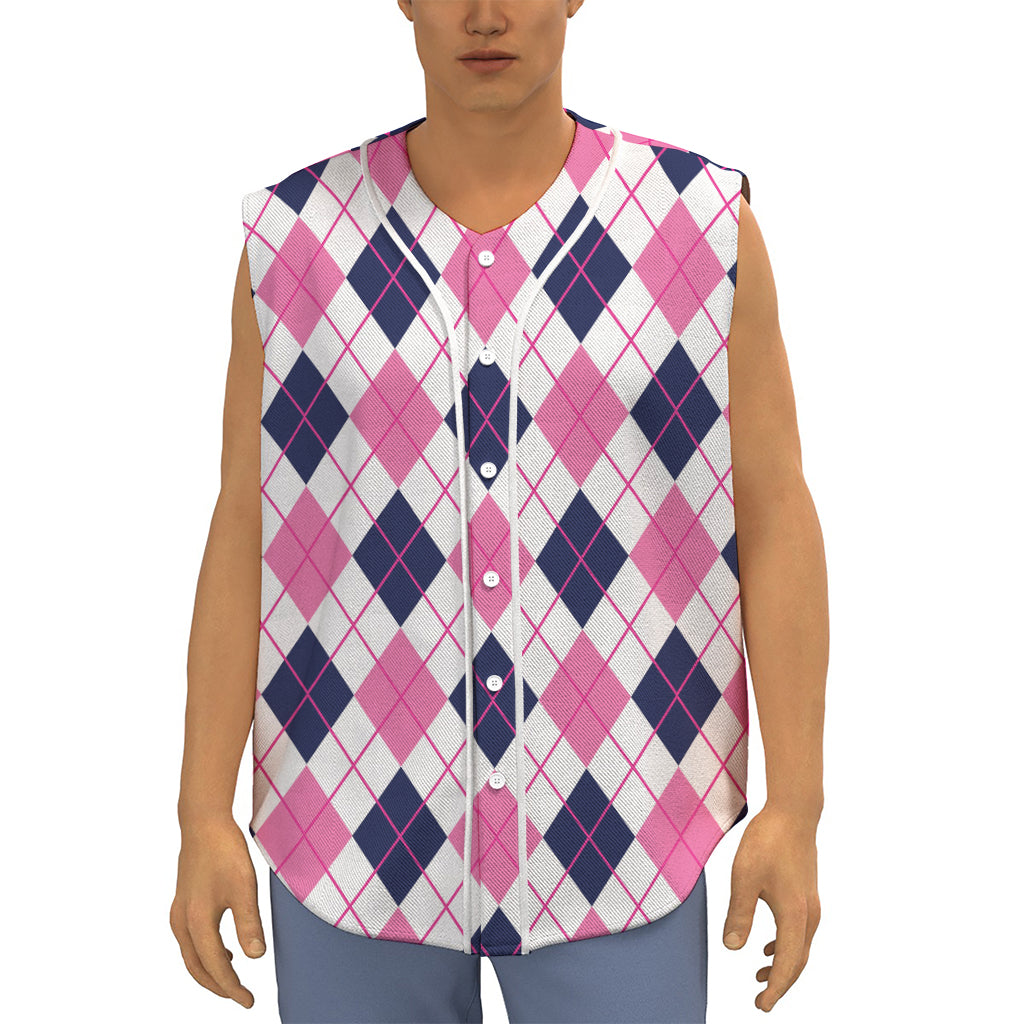 White Pink And Blue Argyle Pattern Print Sleeveless Baseball Jersey